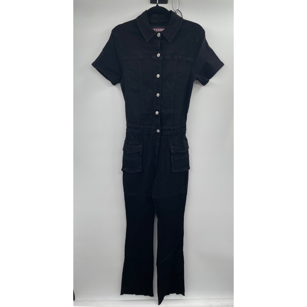 NWT Meiru Bootcut Denim Jumpsuit Women's 10/12 Black Short Sleeve Button Pockets